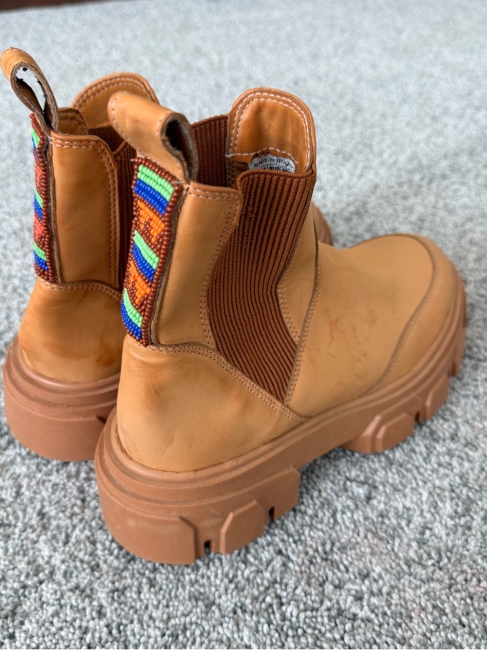 Farm Rio Lug Sole Chelsea Boot Tan Faux Leather Beaded Festival Boho Women’s US8